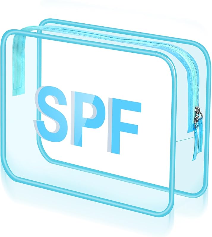 Necessaire Shinylin azul em PVC transparente com estampa SPF e zíper