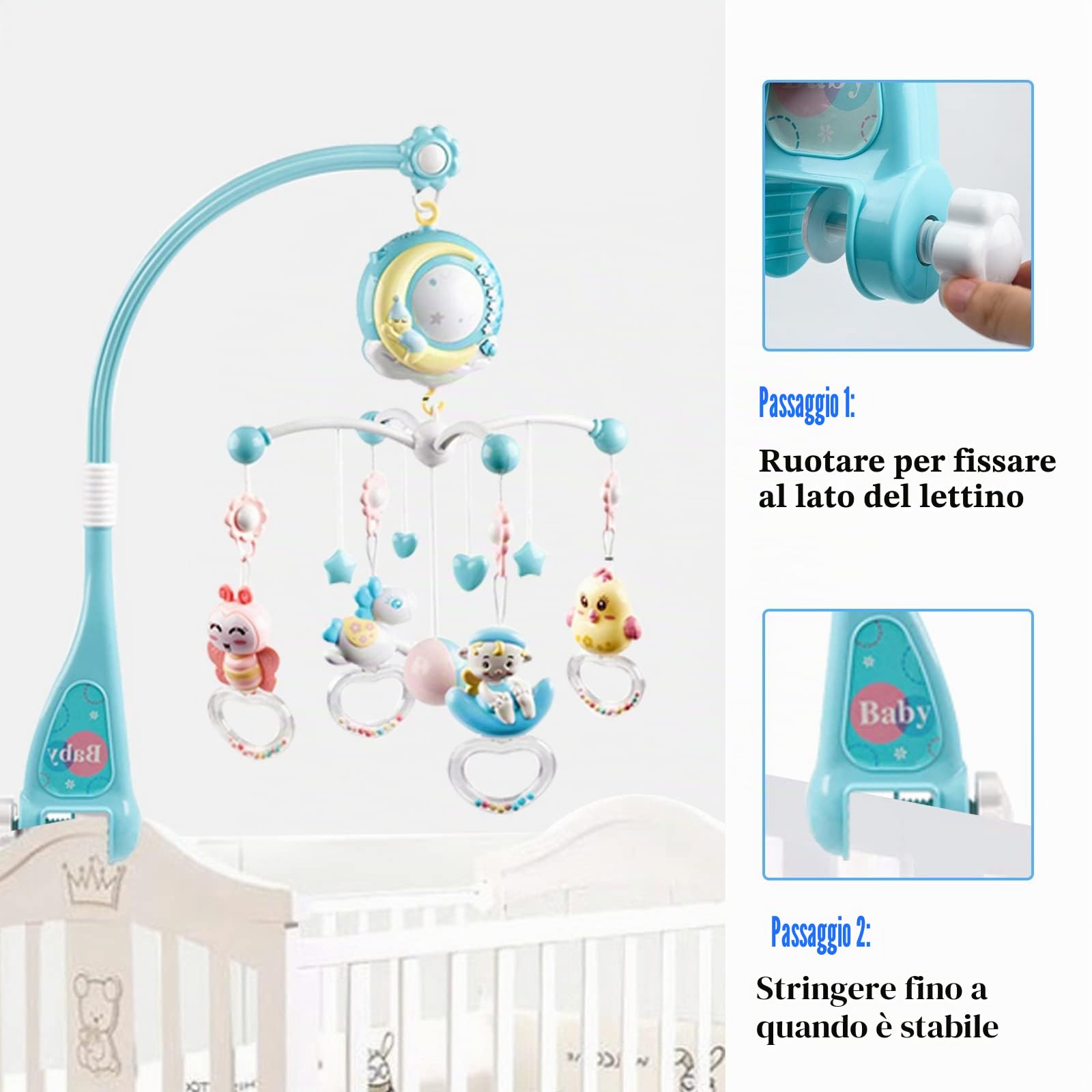 Giostrina Lettino Neonato, 4 in 1 Lettino mobile con musicale leggero, proiettore a stella rotante, Culla Proiezione Mobile Neonati per Bambini 0-5 Mesi