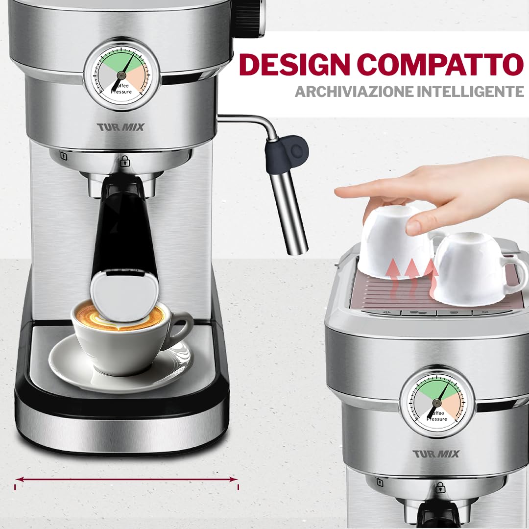 Turmix TX 590 - Macchina per caffè espresso in acciaio inox, 20 bar con montalatte, larghezza 17 cm, serbatoio acqua 1,1 l, superficie di appoggio riscaldata