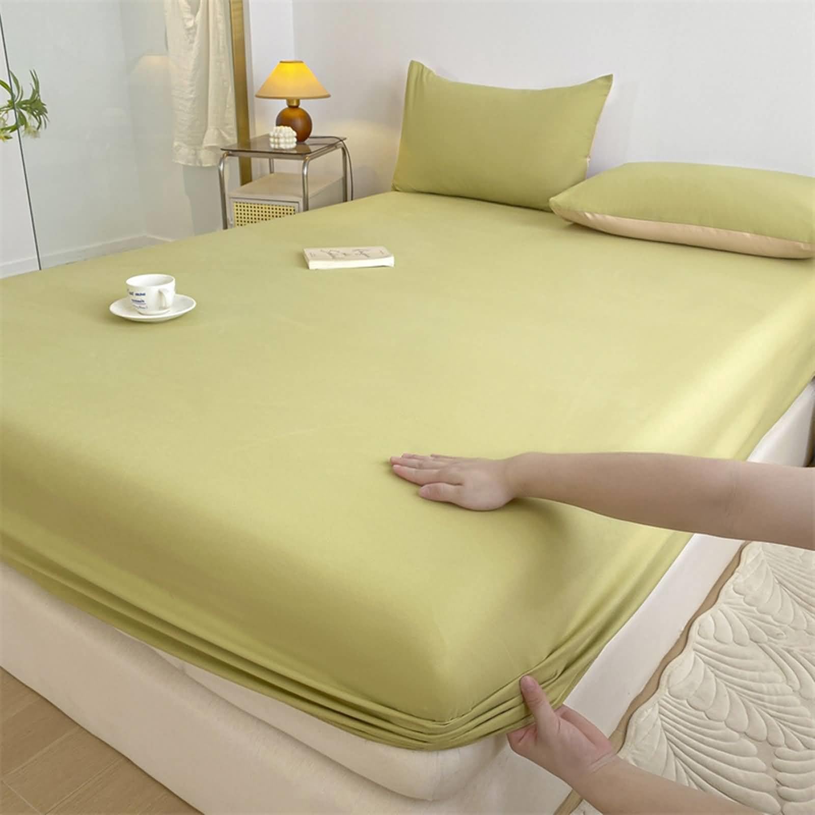 Sábana bajera ajustable de algodón de 150 x 200 cm, altura de colchón de hasta 5 – 25 cm, color verde liso para camas con somier sin funda de almohada