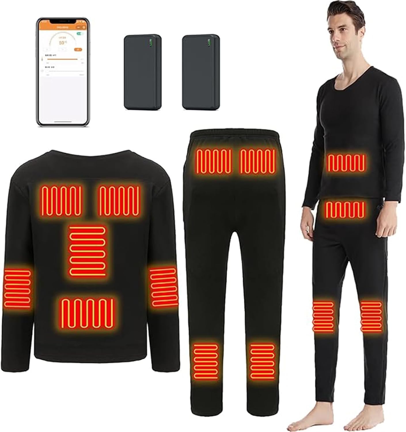 Heating Underwears Set Electric Thermal Base Layer 3 Gear Temperature Heated &App Remote Temperature Control Long