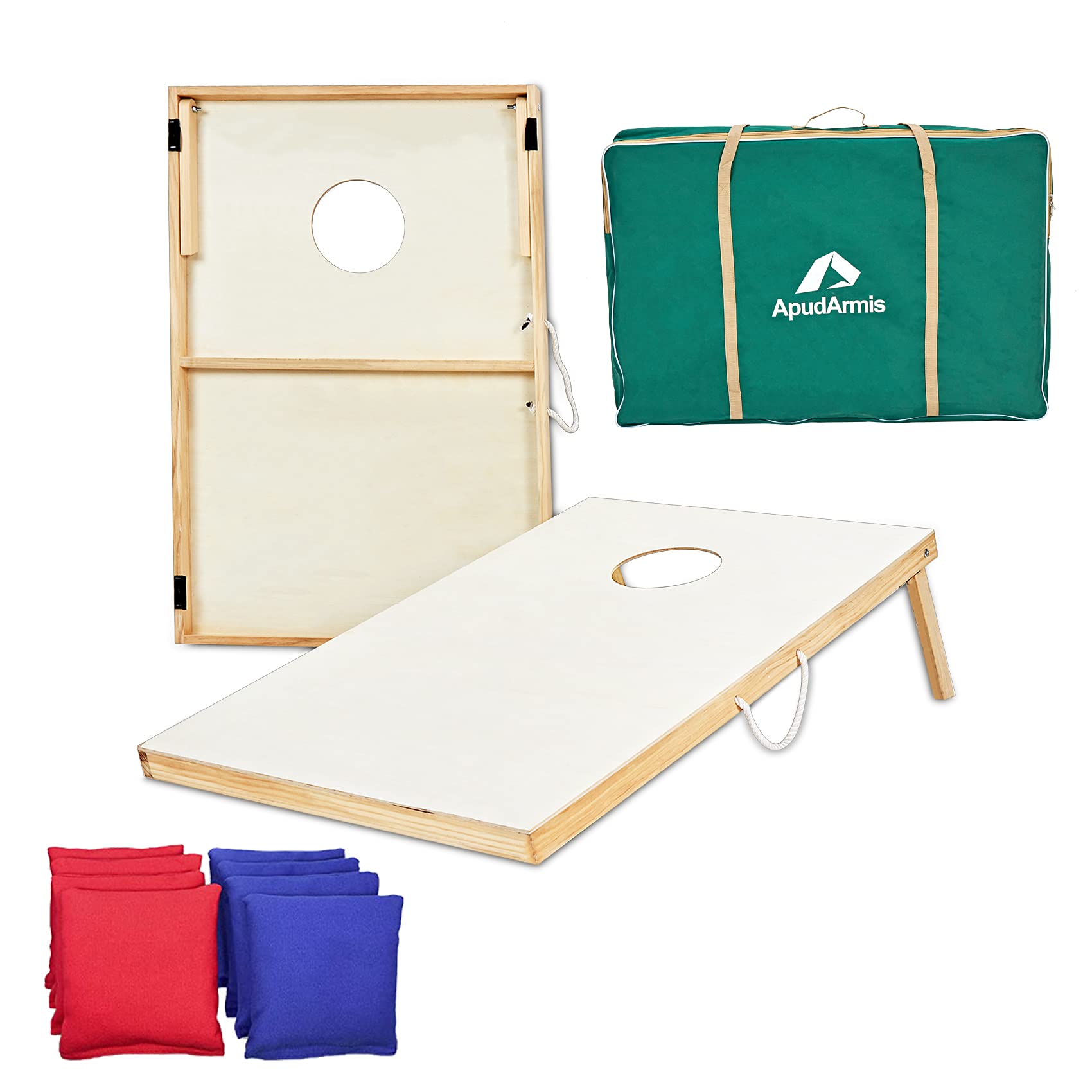 ApudArmis Wooden Cornhole Boards Set, 3x2Ft Classic Cornhole Outdoor Games Set with 8 Cornhole Bean Bags and Carrying Case - Tailgating BBQ’s Camp Lawn Yard Beach Game for Kids Adults Family