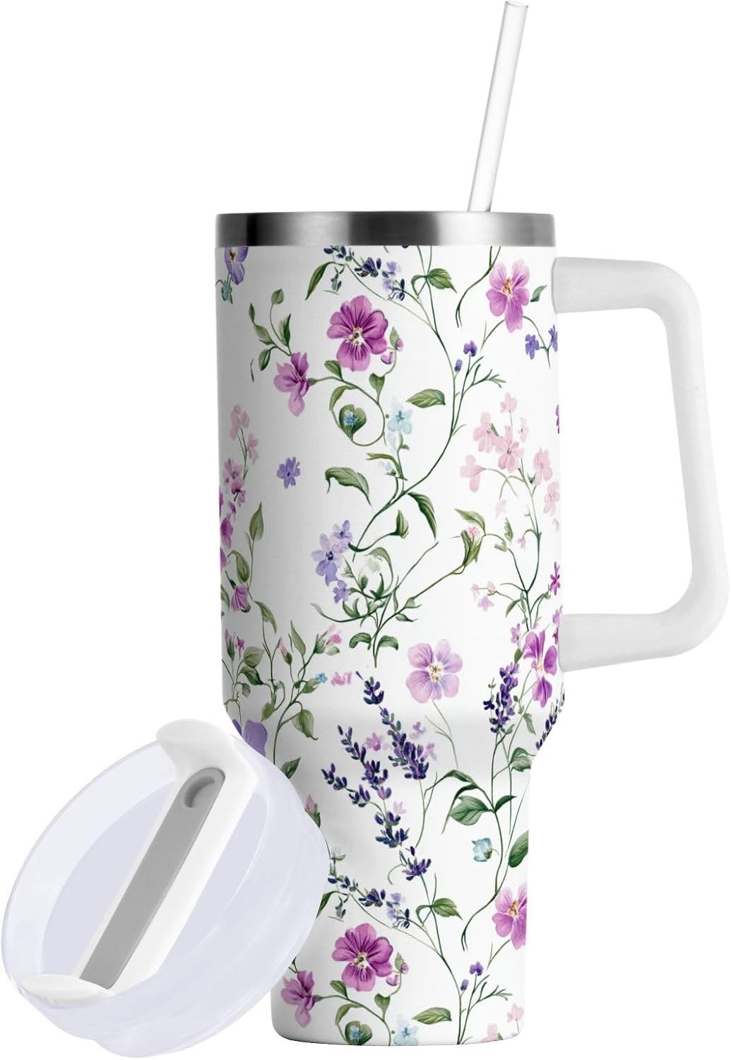 ALAZA Cute Flowers 40 oz Tumbler Water Bottle with Straw Lid and Handle,Reusable Insulated Stainless Steel Cup for Women Men Travel Car Cup Holder