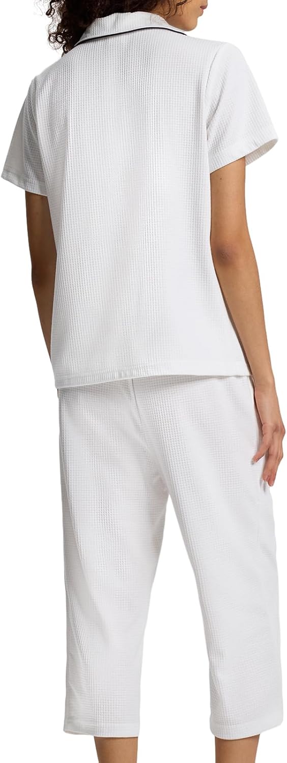 SIORO Capri Pajamas Set for Women, Button Down Sleepwear Short Sleeve Loungewear, Waffle Knit Top with Capri Pants Pjs White - Image 2