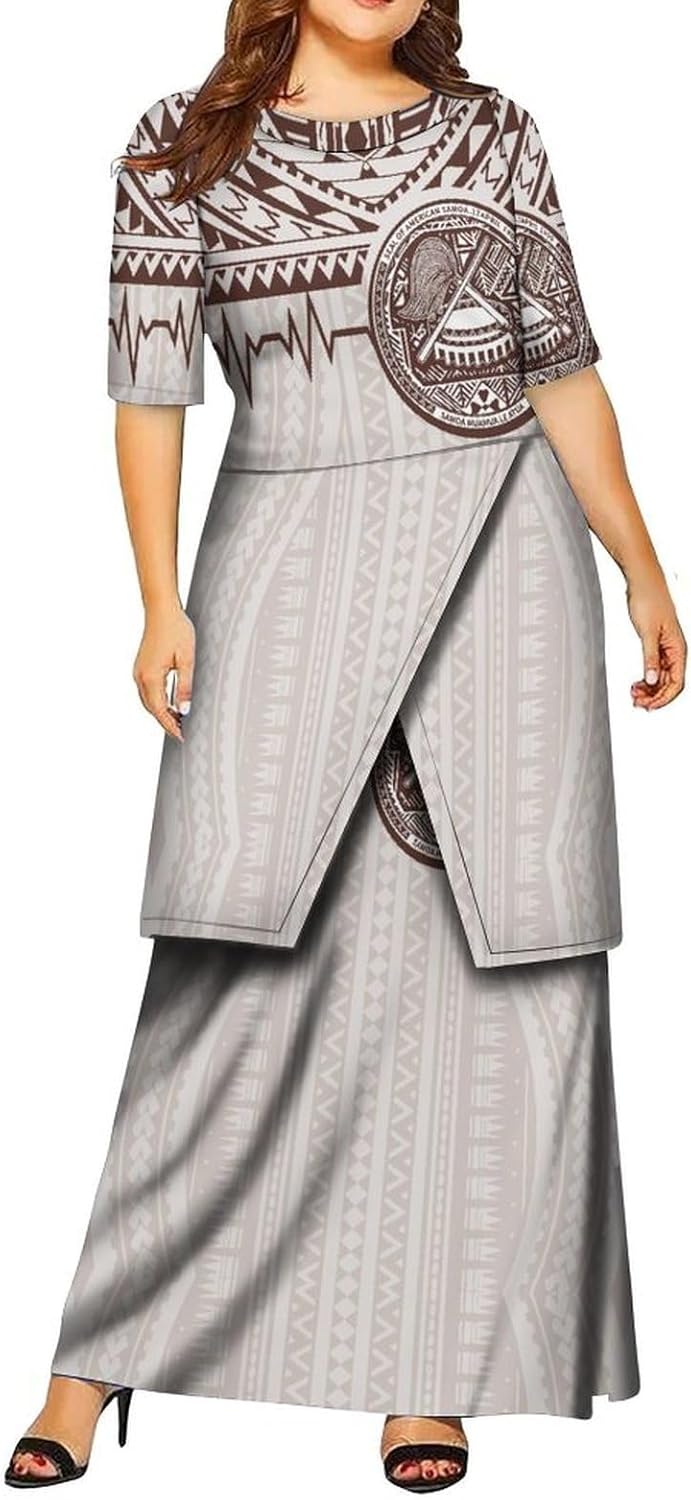 Pacific Island Design Art Print Samoan Party Puletasi Round-Neck Two-Piece Women's Short-Sleeved Dress Set