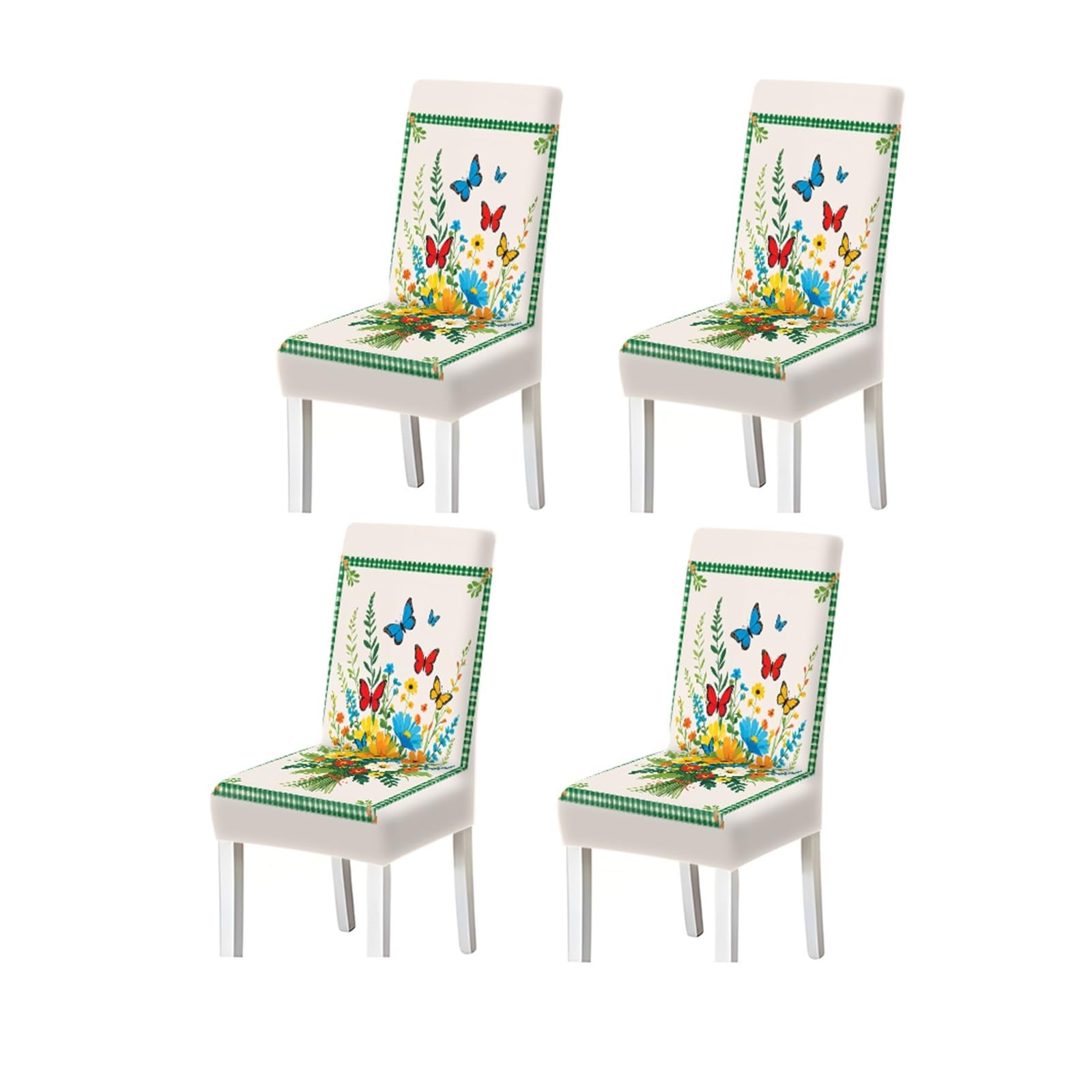 FZJKGH Rustic Green Gingham Butterfly Floral Print Stretch Dining Chair Covers For Kitchen Dining Living Room Picnic, 2/4/6PCS Removable Stretch Slipcovers for Dining Chairs(4PCSChair cover)