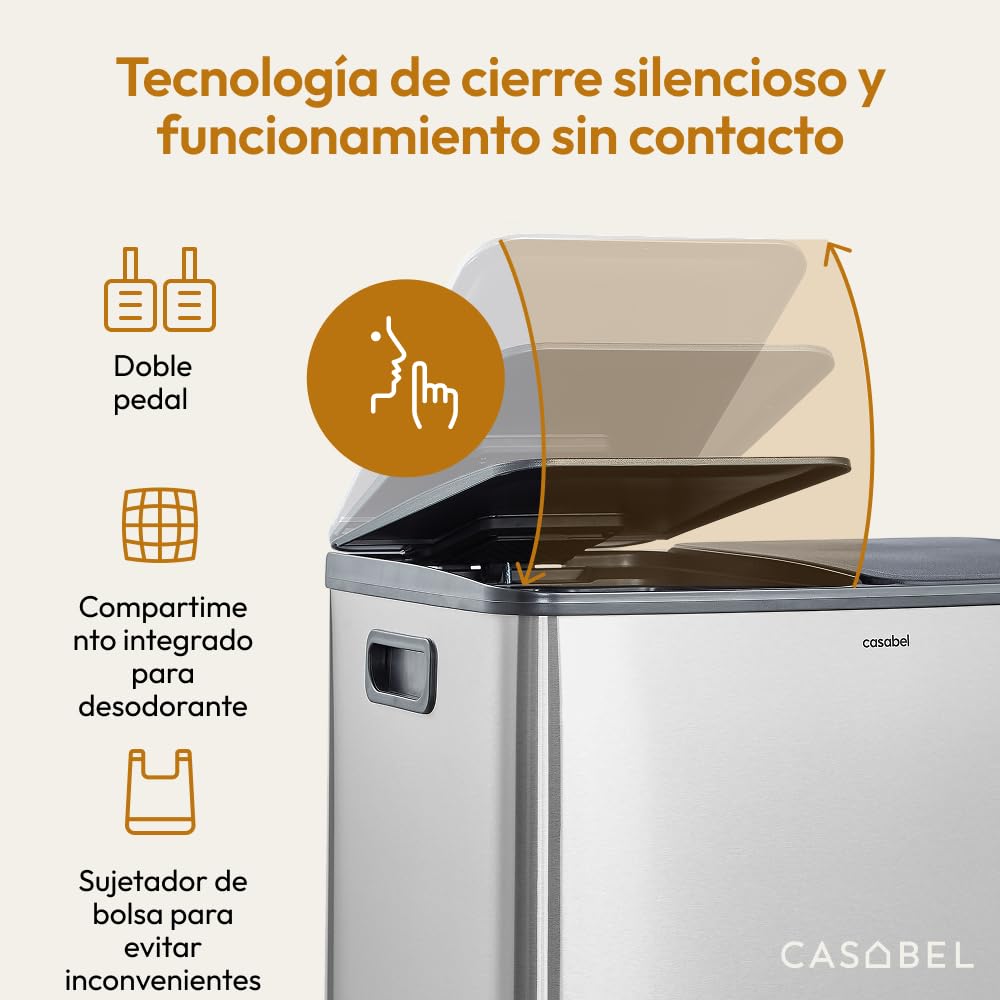 CASABEL Cubo de basura de cocina doble 2x30L en acero inoxidable, cromado | Doble compartimento, Reciclaje selectivo, 2 pedales, Antihuellas, Tapas herméticas, Cubos extraíbles, Fácil mantenimiento
