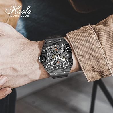 Haofa Automatic Mechanical Men's Watch Skeleton Double-Side Hollow Dial Sapphire Mirror NTPT Carbon Fiber Bezel Luminous Waterproof Watches for Men Sports Watch 1923