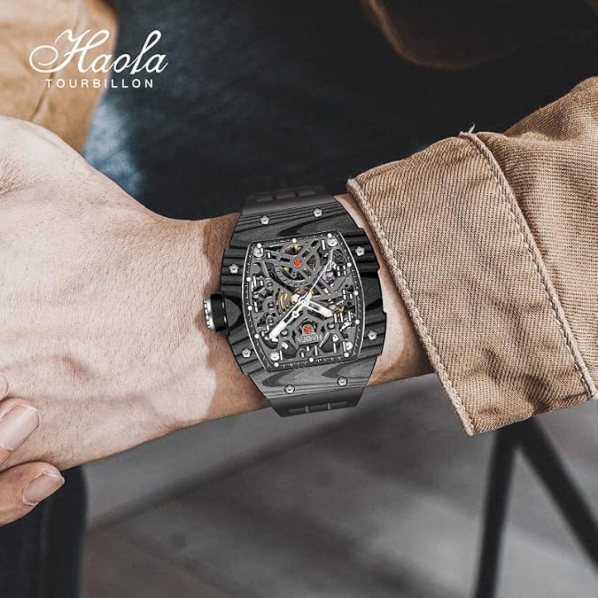 Haofa Automatic Mechanical Men's Watch Skeleton Double-Side Hollow Dial Sapphire Mirror NTPT Carbon Fiber Bezel Luminous Waterproof Watches for Men Sports Watch 1923