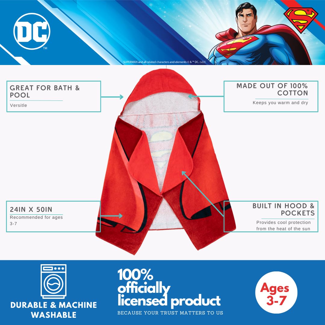 Franco Superman Cape Kids Super miękki ręcznik kąpielowy/basen/plaża miękki bawełniany frotte ręcznik z kapturem, 61 cm x 127 cm, (oficjalnie licencjonowany produkt)