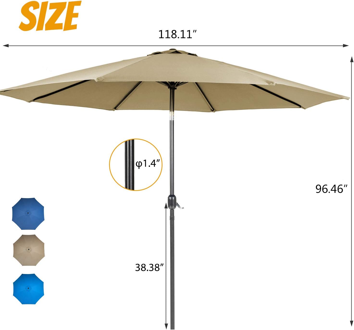 Crownland 3-Piece Wicker Outdoor Furniture Bar Set, 2 Stools and 1 Glass Top Table, Large-Capacity Storage Space Brown Wicker Patio Bar Table with 9Ft Khaki Round Patio Umbrella