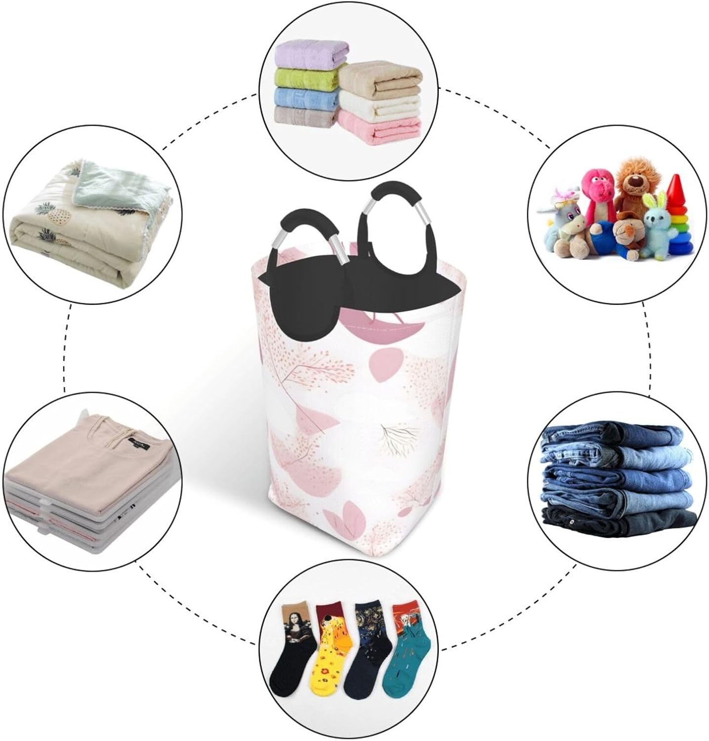 Hand-painted floral line pattern Foldable storage bag, 50L capacity, suitable for laundry room, dormitory bedroom, dirty clothes storage basket.