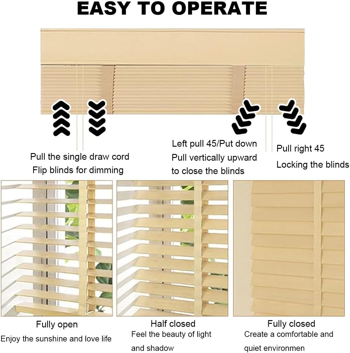 Horizontal Wooden Venetian Blinds for Indoor Outside Windows 15-77 in Width, Cordless 2" Slats Solid Wood Venetian Shades, Privacy Room Darkening Venetian Blind, Easy Install(White)