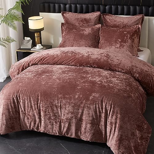 Ivellow Crushed Velvet Comforter Set King, Lightweight Comforter Set, 5pcs Ultra Soft Breathable Pink Comforter Set, Luxury Cozy Flannel Comforter King Size (1 Comforter,2 Pillow Shams, 2 Euro Shams)