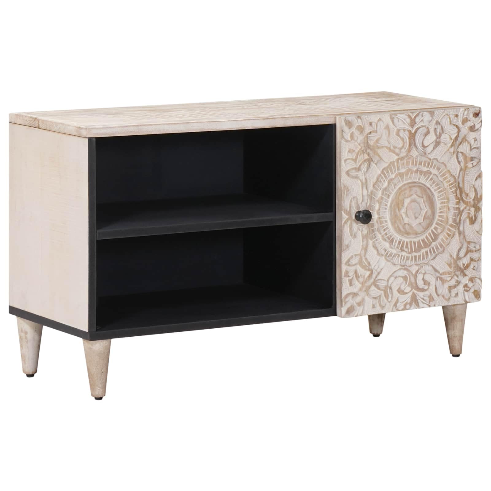 TV-Schränk mit Regal Weiß 80 x 31,5 x 46 cm Massivholz Mango, Lowboard Mediaschrank Sideboard mit Metallfüßen, HiFi Rack für Wohnzimmer und Heimkino, Kommode für TV und Gaming Zubehör