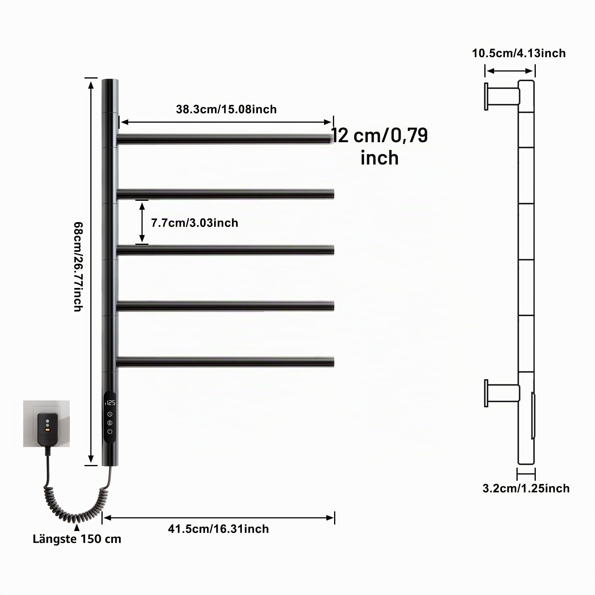 Badheizkörper Elektrisch, 415x680mm, 85W, 180° Drehung Handtuchheizkörper Elektrisch, Schwarz Handtuchheizkörper, Heizkörper Bad, Badheizkörper Handtuchhalter, mit Timer und Thermostat-G63 WiFi Black