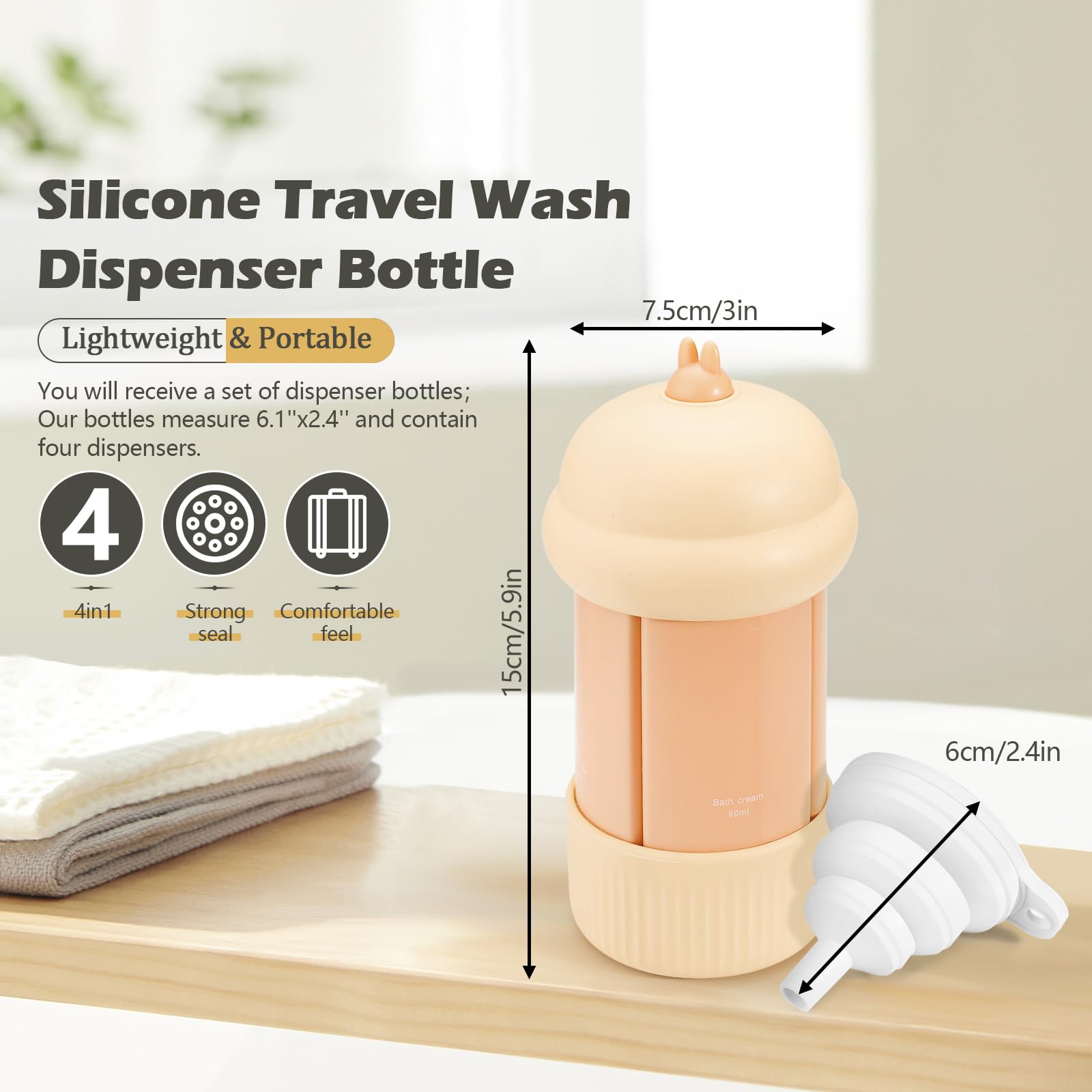 LELE LIFE 4 in 1 Travel Bottles for Toiletries 60ml Leak Proof Travel Size Containers Refillable Bottles for Shampoo Conditioner Lotion Soap with Funnel (Orange) - Image 2