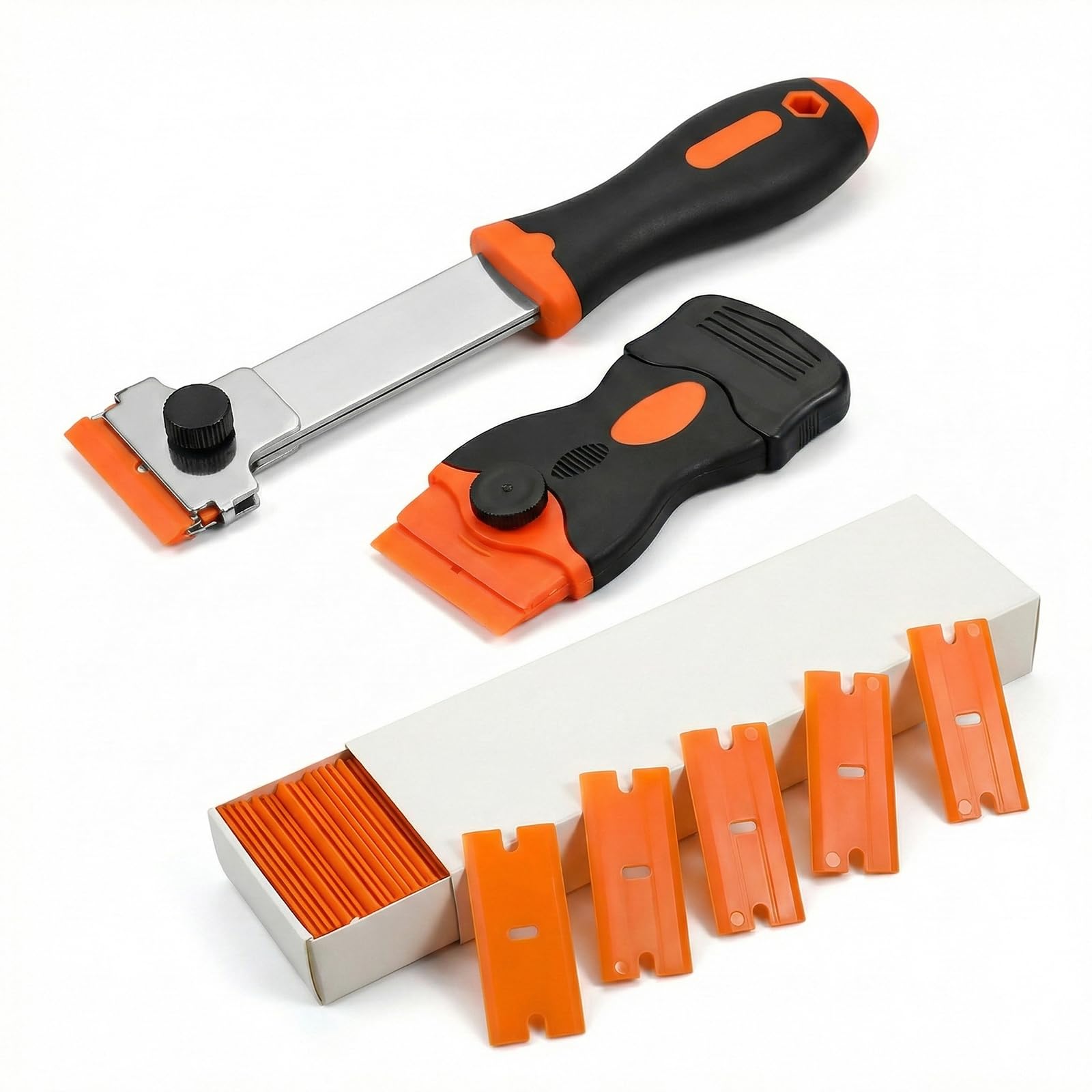 2 Pezzi Raschietto con 100 Lame Intercambiabile in Plastica Raschietto per Etichette per Destrorsi e Mancini Raschietto per Vetroceramica e Adesivi in Plastica Ergonomico