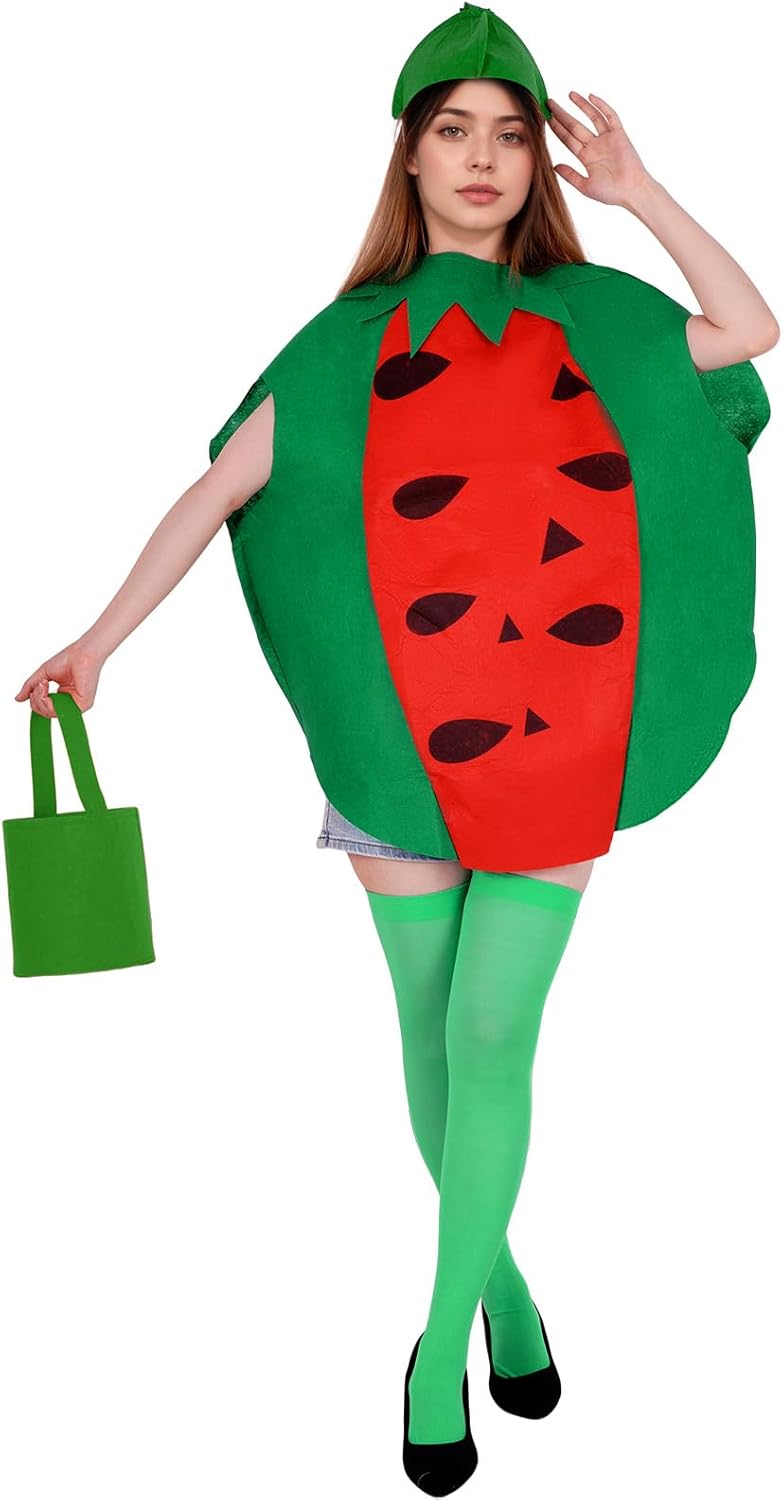 4pcs Halloween Watermelon Costume Women Adult Watermelon Costume Cute Fruit Costumes with Dress Hat Bag and Sock for Halloween Cosplay Dress Up Party - Image 4