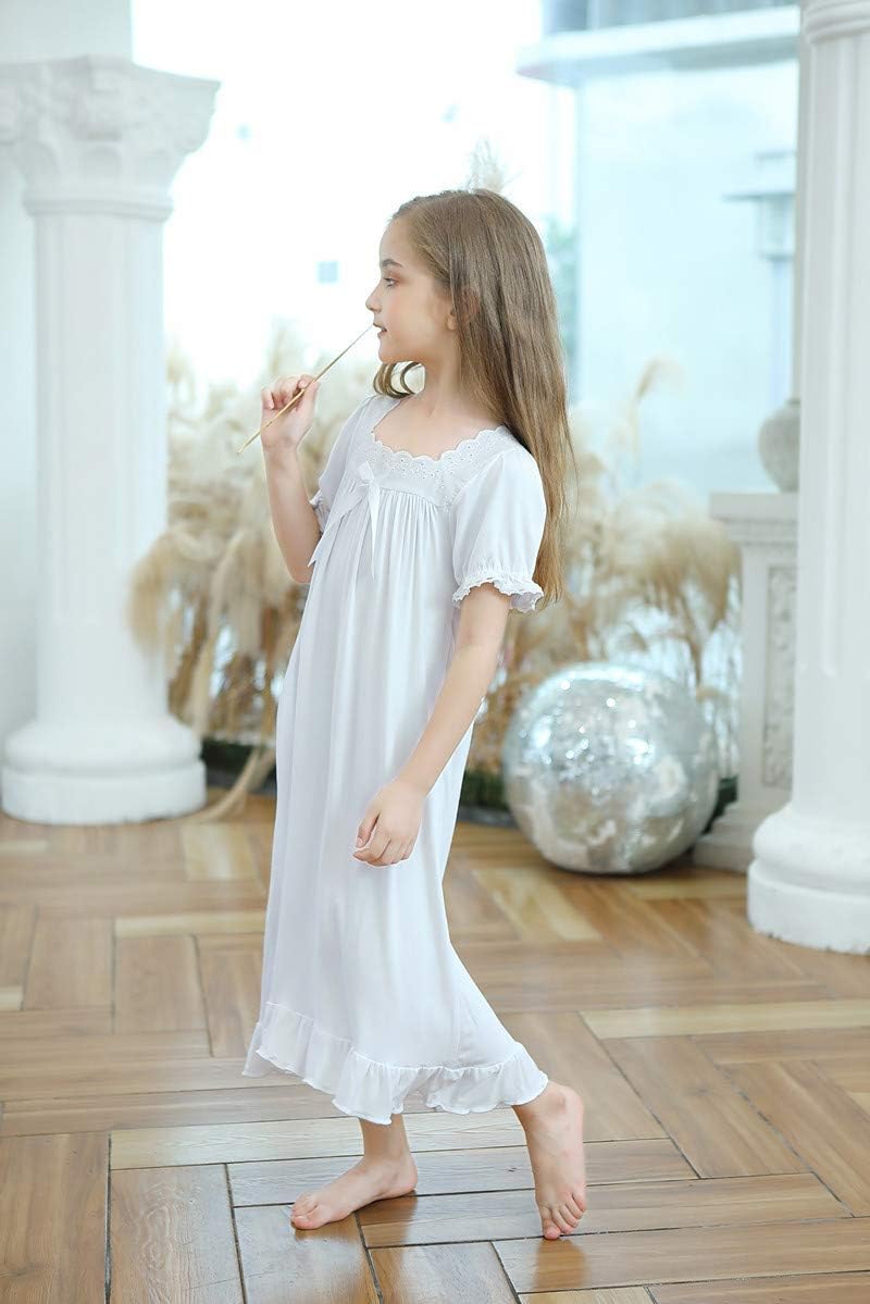 CHUNG Toddler Little Big Girls Modal Nightgowns Soft Princess Short Sleeve Round Square Neck Long Sleep Dress Vintage… - Image 5