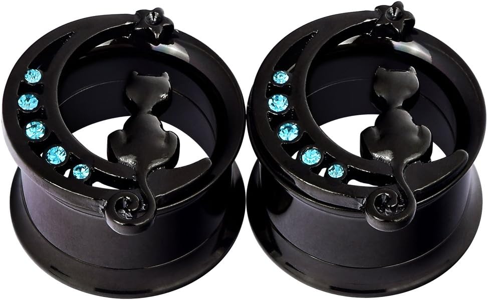 YOFANST Stainless Steel Black Silver Cat on The Moon Ear Expander Piercing Tunnels Gauge 2g-16mm