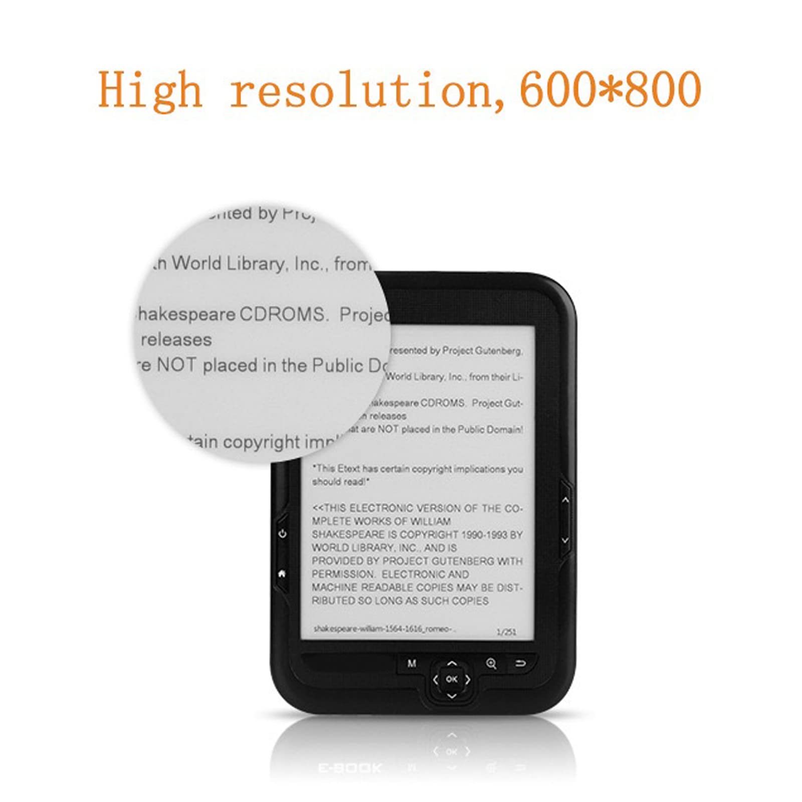 E Reader, 6in 800X600 HD Ink Screen Protezione per Gli Occhi E Reader, Tasti di Navigazione Multifunzione Supporto per Riproduzione Musicale FM Lettore di Libri Elettronici(16 GB)