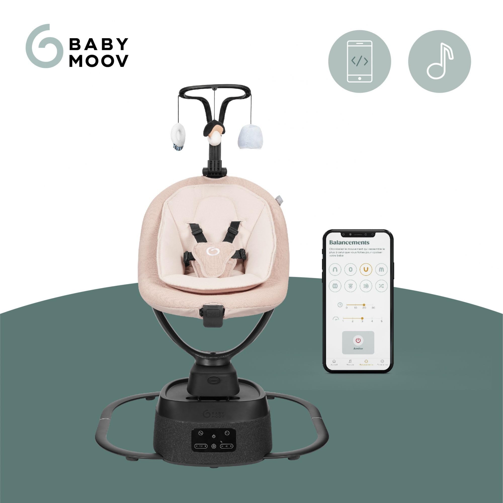 Babymoov Elektryczna huśtawka dziecięca Swoon Evolution Moccapołączona z aplikacją mobilną - strumieniowe przesyłanie muzyki, nagrywanie głosu i niestandardowe kołysanki - Siedzenie 360°- Reduktor
