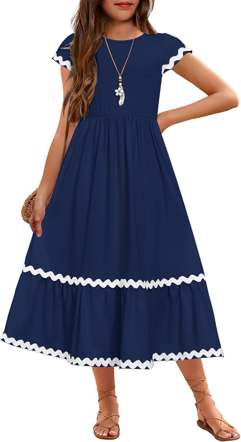 Arshiner Girls Summer Maxi Dresses Short Sleeve Casual Flowy Tiered Dress with Pockets for 4-14 Years