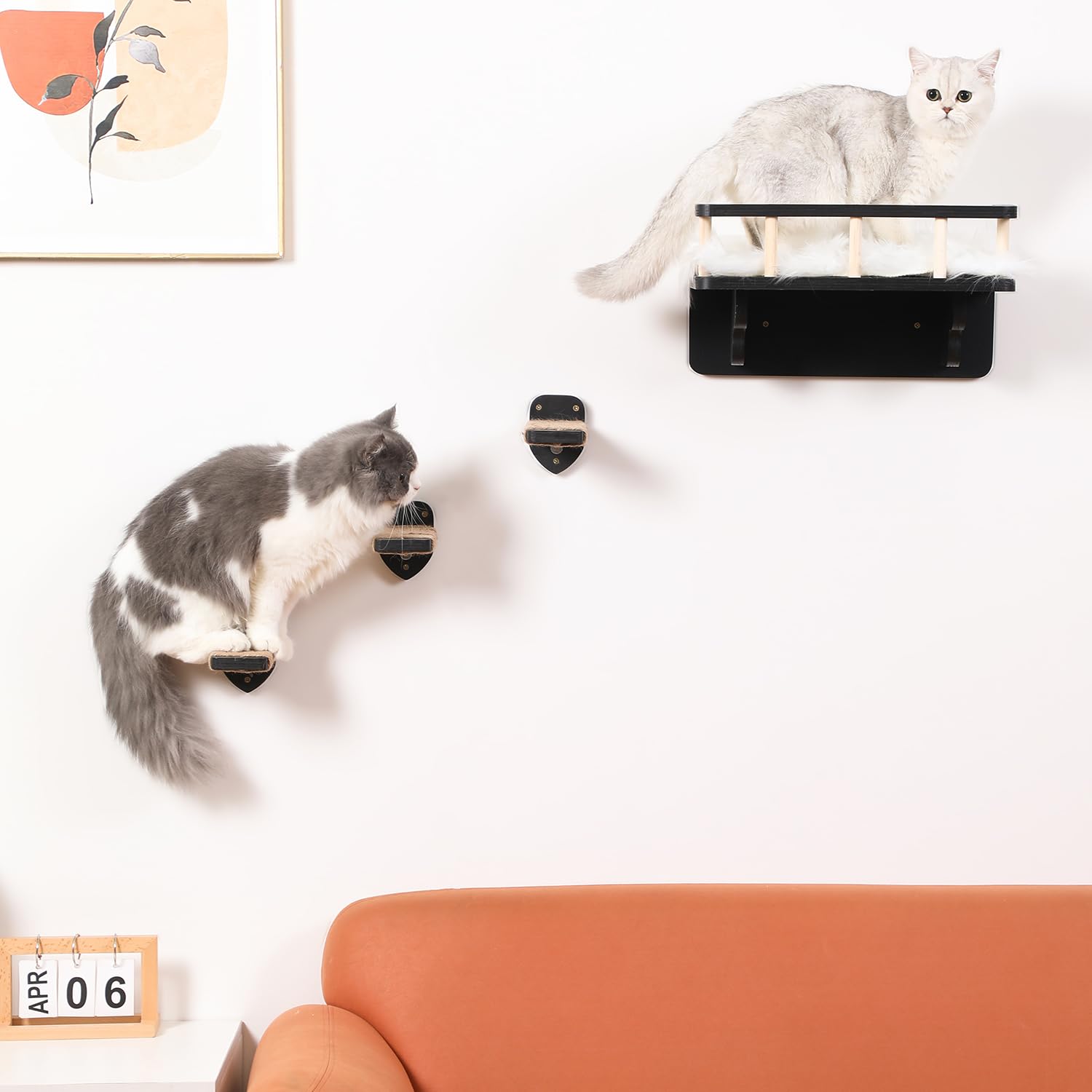 Katzen-Wandregal mit 3 Stufen und Plüschbezug für Hauskatzen, Schwarz