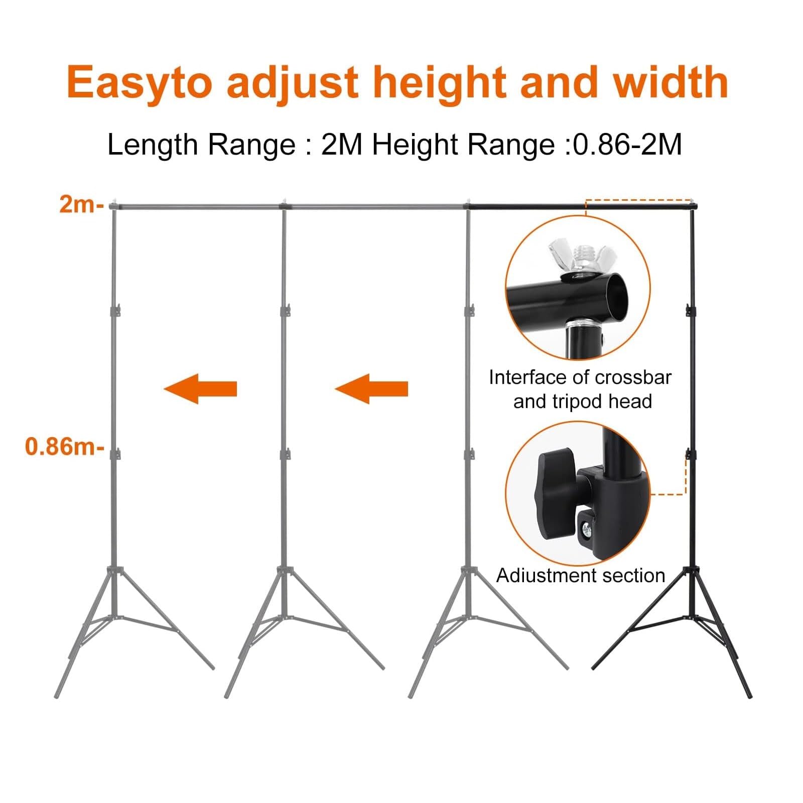 KingSaid 2x2 m Support de Fond Réglable, Professional pour Fond Studio Photo, Solide et Portable, Sac de Transport Inclus, Convient pour Photographie, Diffusion en Direct, Mariage, etc. (2x2m)