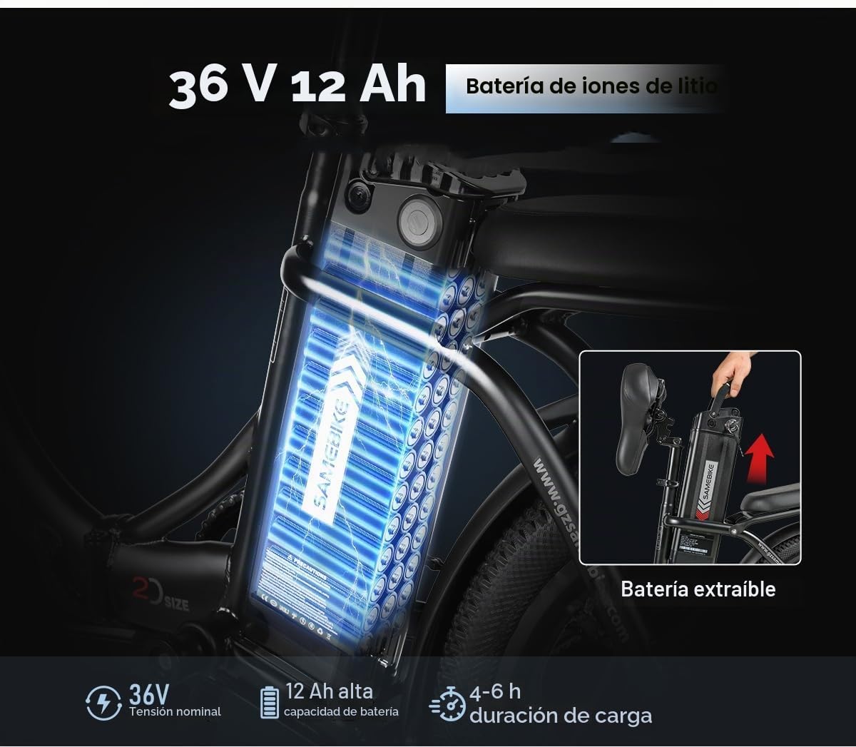 SAMEBIKE CY20 Bicicleta Eléctrica Plegable Urbana 20" para Adultos con Batería Extraíble 36V 12Ah y Cesta Delantera