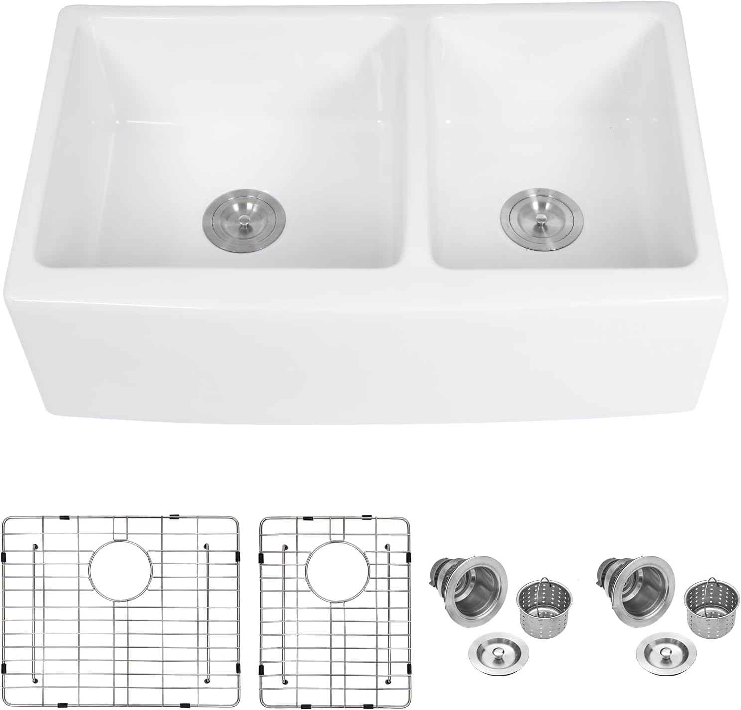 Logmey 33 Inch White Farmhouse Apron Front Kitchen Sink 33 x 21 x 10 Inch 60/40 Double Bowls Undermount White Fireclay Ceramic Farm Sink for Rustic Classic Style