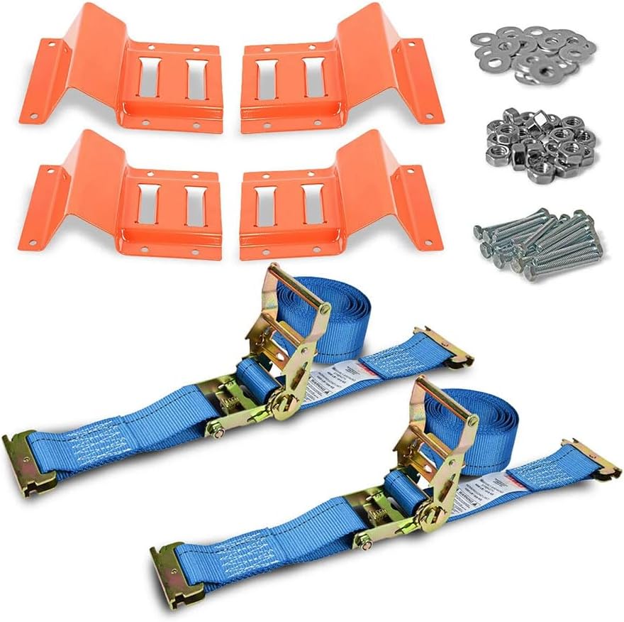 Mytee Products E-Track Wheel Chock and Strap Kit, (4) E-Track Wheel Chocks (Orange), (2) 2" x 8' E-Track Straps