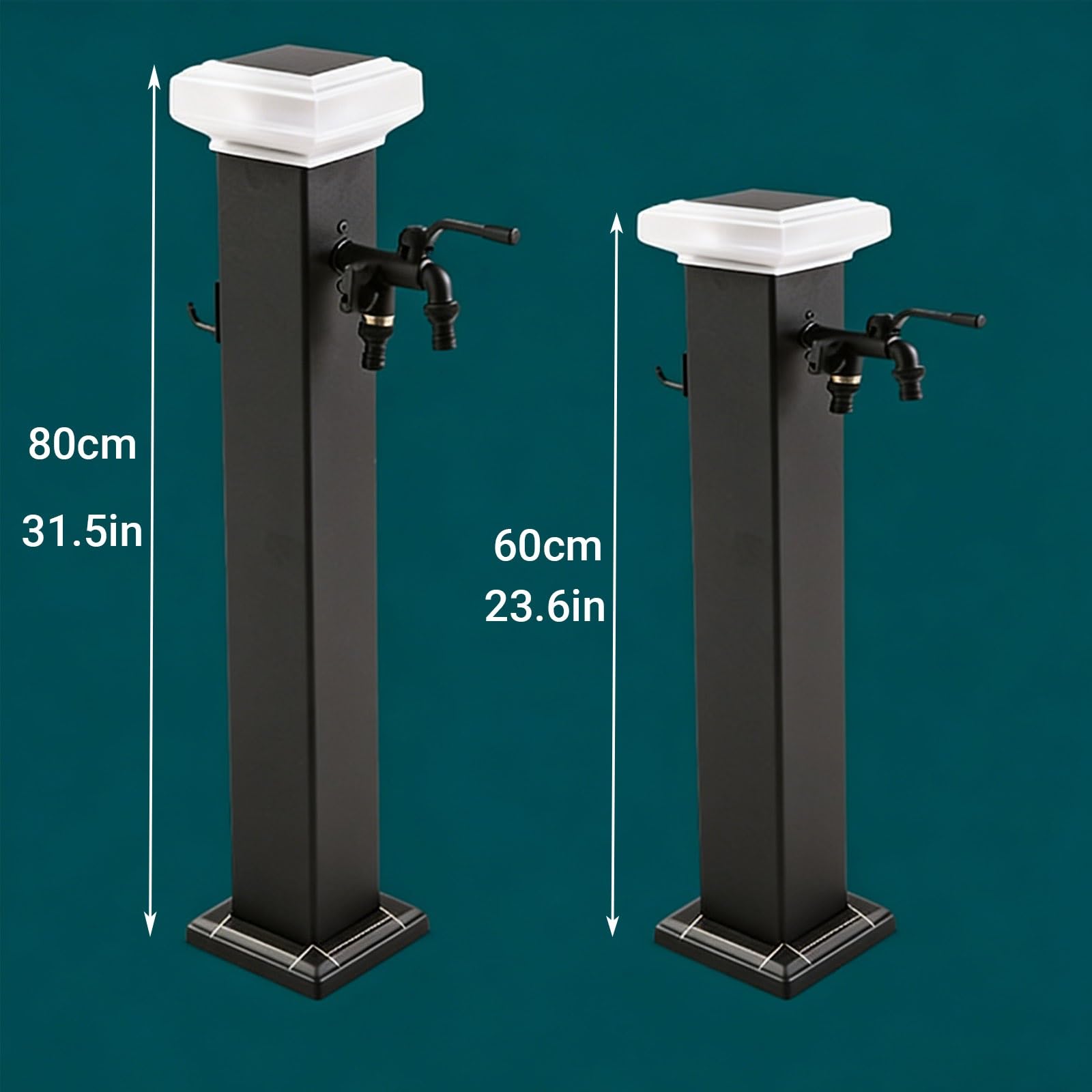 Columna de agua para exteriores, hidrante de jardín de 23.6 a 31.5 pulgadas con luz LED solar y doble boquilla, poste de agua anticongelante aislado para cuidado de césped y mascotas (blanco, 60 cm)