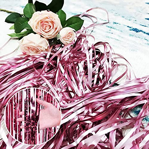 Tinsel Foil Fringe Curtains, 2 Packs Metallic Streamers Backdrop Aluminum Foil Stripe Curtain, 1 x 2m/ 3.3 x 6.6ft Photo Decoration Set for Wedding Birthday Baby Shower Halloween Christmas Party(Pink)