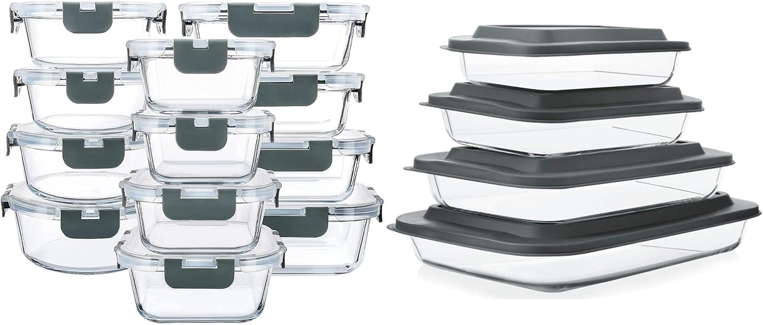 M MCIRCO 24 Pcs Glass Food Storage Containers with Lids, 8 Pcs Glass Baking Dish Set with Lids, Fridge, Microwave, Oven, Dishwasher Friendly, For Cooking, Baking