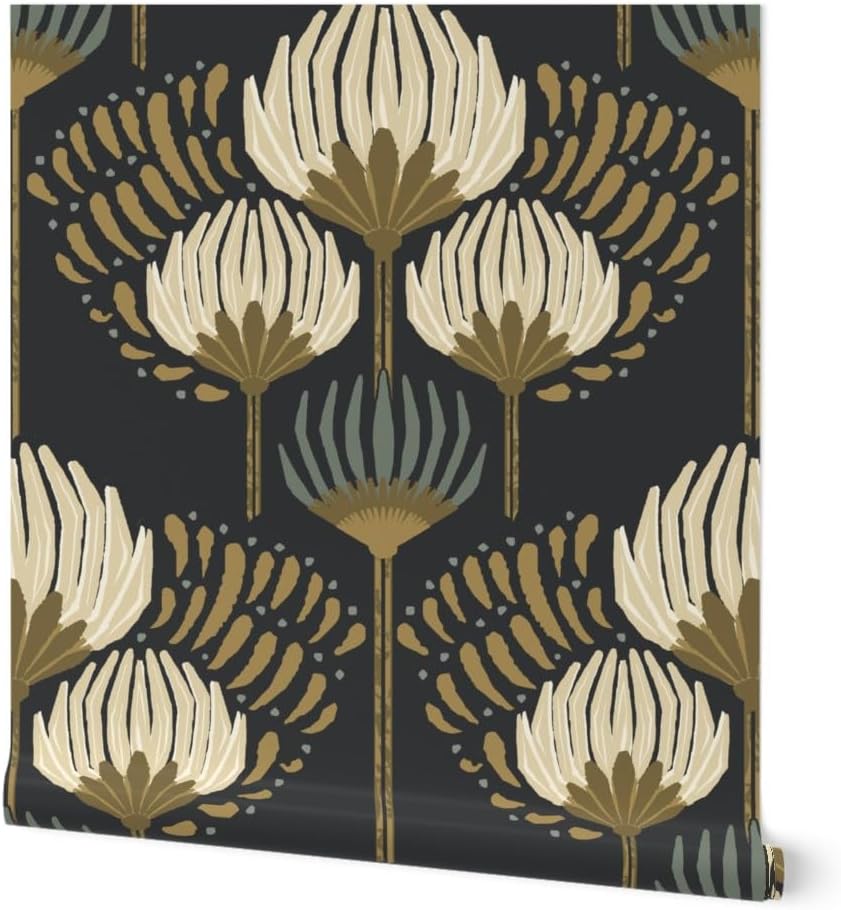 Spoonflower Removable Wallpaper Swatch - Hollywood Regency Neutral Floral Large Scale Vintage Art Deco Cream Bronze Black Custom Pre-Pasted Wallpaper