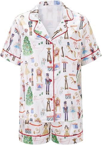 Juakoso Womens Christmas Pajamas - Trendy Print Button Down Lounge Sets - Slik Satin 2 Piece Sets - Y2k Sleepwear Pjs
