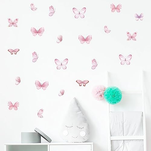 Miniatura 6 de sacinora - 6 hojas de 36 calcomanías de pared de mariposa rosa, calcomanías de pared de arte de acuarela removibles para niños, bebé, guardería,