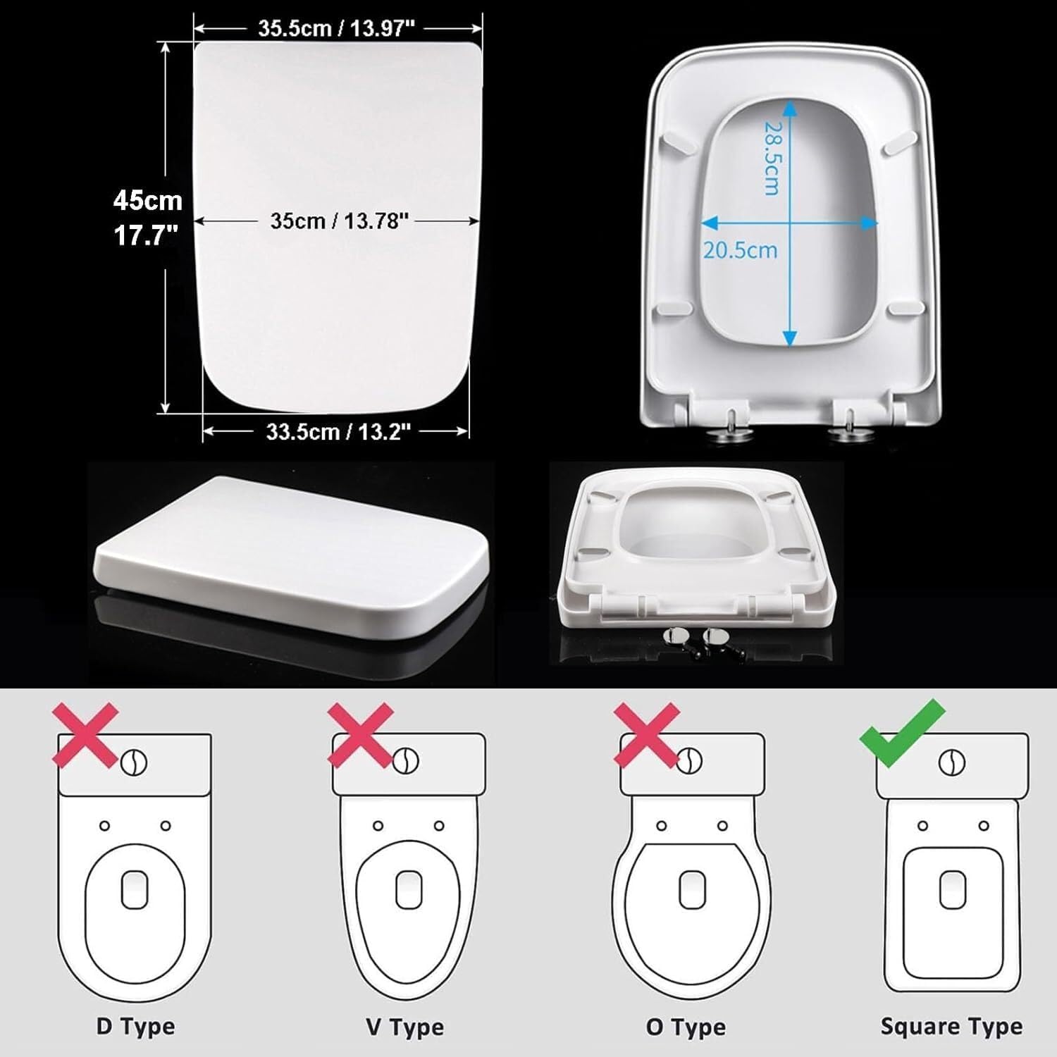 Durable plastic Square Toilet Seat With Soft-close Mechanism, PP Material, White Replacement Part Easy to clean