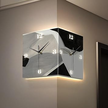 40 * 40 * 40cm,Double-Sided Corner Wall Clock, Decorative Punch-Free Clock with Light, Multi-Function Wall Clock Suitable for Living Room, Corner, Corridor, Hotel
