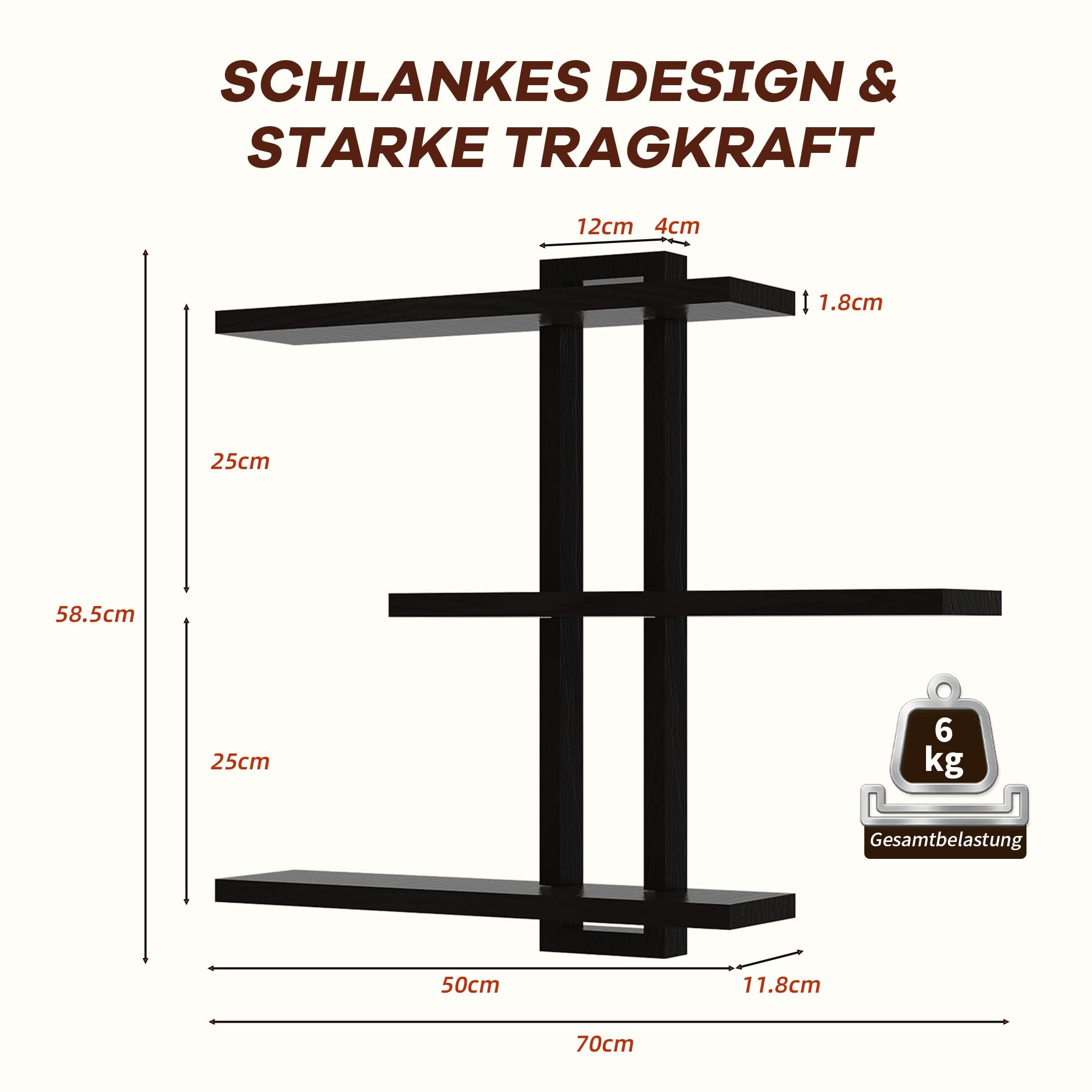Wandregal Schwarz, großes Hängeregal aus Massivholz mit 3 Ablagen, 50 × 58 cm | Modernes Schweberegal zur Wandmontage für Wohnzimmer, Schlafzimmer, Bücher, Pflanzen und Deko