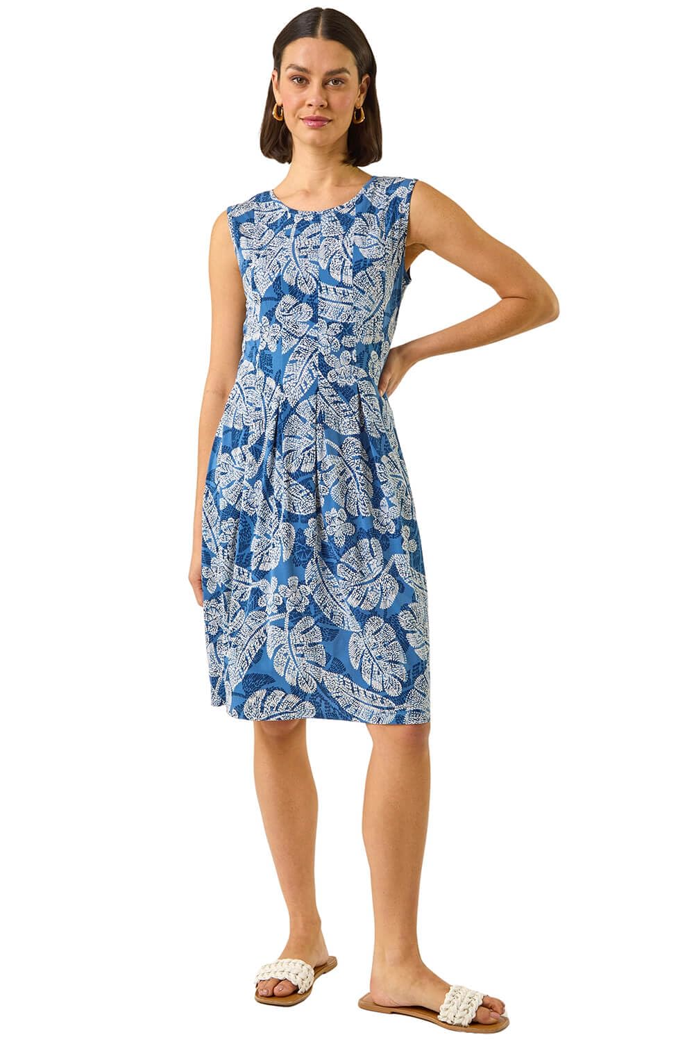 Roman Originals Women's Leaf Navy Abstract Print Panel Detail Dress For Uk - Everyday Holiday Spring Summer Round Neckline Comfy Soft Evening Vacation Work Party - Size 16
