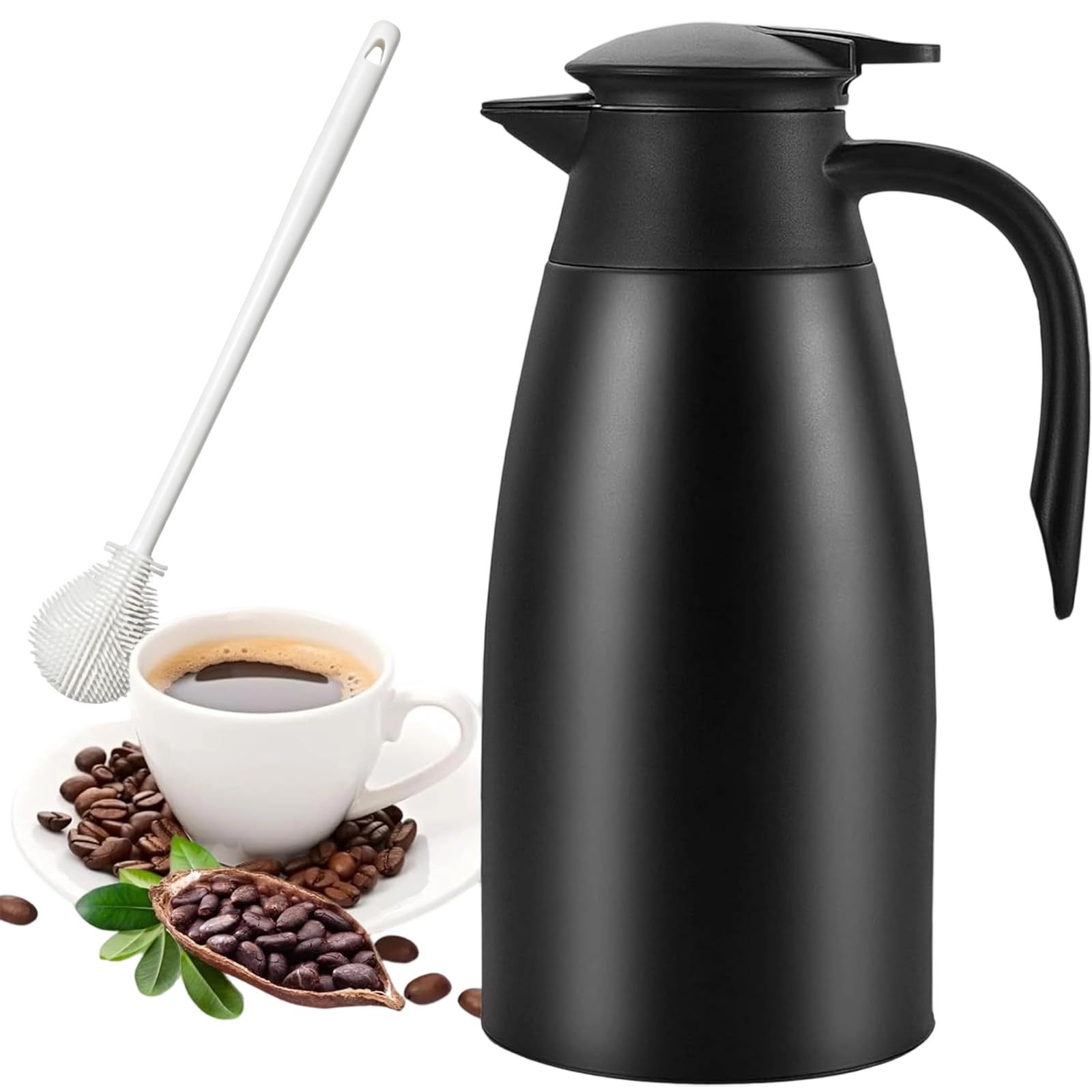 2L Thermal Coffee Jug, Insulated Coffee Carafe Pot,Insulated Stainless Steel Coffee Carafe Double Walled Vacuum Thermal Pot Flask for Hot & Cold Drink, Tea, Milk, Water (Black)