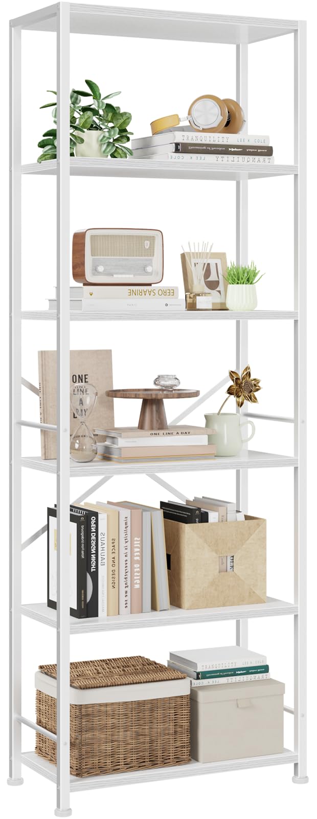 Furologee 6 Tier Book Shelf, Tall Wide Bookshelf, Modern Open Bookcase, Display Shelves Storage Organizer, Shelving Unit for Living Room, Home Office, Bedroom, Kitchen, White-image-37