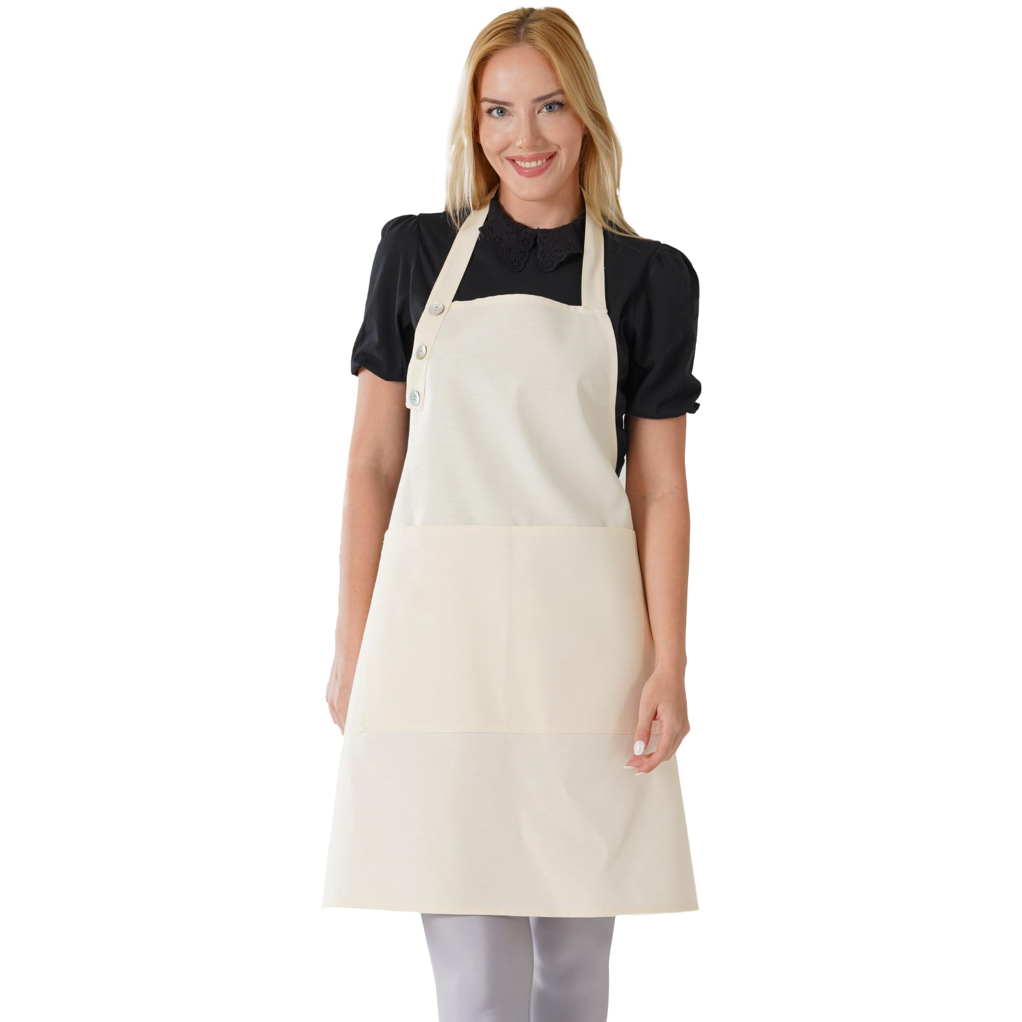 TOSHE Kitchen Apron Waterdrop Resistant Cotton Apron with adjustable Aprons for Women with Pockets 10 Color option Cooking Cream Apron (Cream)