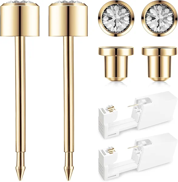 SugarTang Ear Piercing Kit Gold - Safety Backs Disposable Ear Piercing Gun Kit Made in 316L Surgical Stainless Steel | At Home Self Piercing Kit with Preloaded CZ Stud Earrings | 2 Pack (4mm)