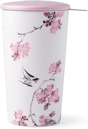 AmorArc Taza de té de porcelana con infusor y tapas, colador de taza de té de 18 onzas con soporte para bolsa de té para té de hojas sueltas, taza