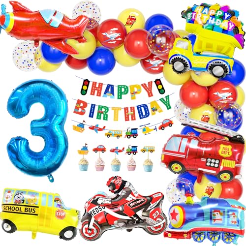 Teselife Balões decoração aniversário crianças transporte, 3 anos criança aniversário balão número 3 decora comboio autocarro escolar camião de aniversário bombeiros avião motocicleta faixa festa