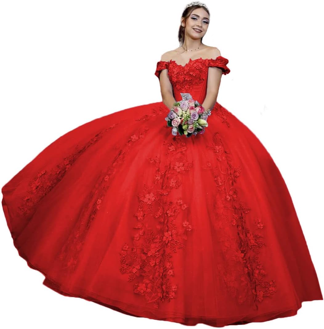 Mouccy Off Shoulder Lace Quinceanera Dresses Ball Gown Puffy 3D Floral Prom Dress Princess Birthday Dress for 15 16 XF09